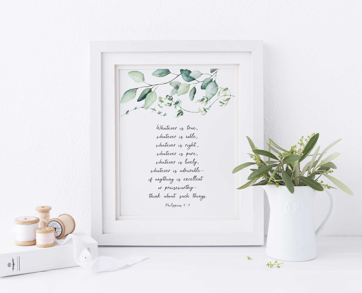 Philippians 4 8 Wall Art, Christian Bedroom Print, Whatever is true, positive christian quotes, christian artist, bible