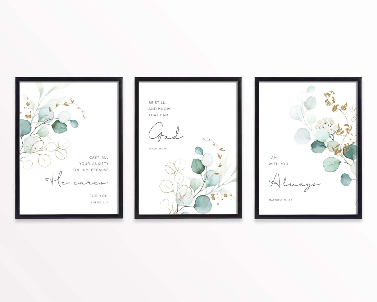 Scripture Print Set, Botanical Print Set of 3, Green Eucalyptus Print Bible Verses, Christian Prints Kitchen Decor, New Modern Christian Art