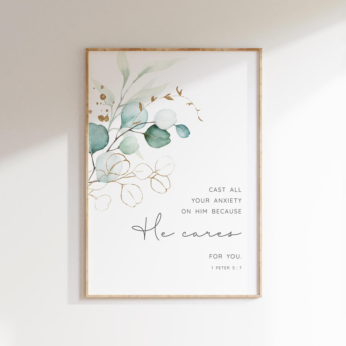 Uplifting scripture quote with botanical design, Cast All Your Anxiety On Him framed print, Contemporary Christian wall art