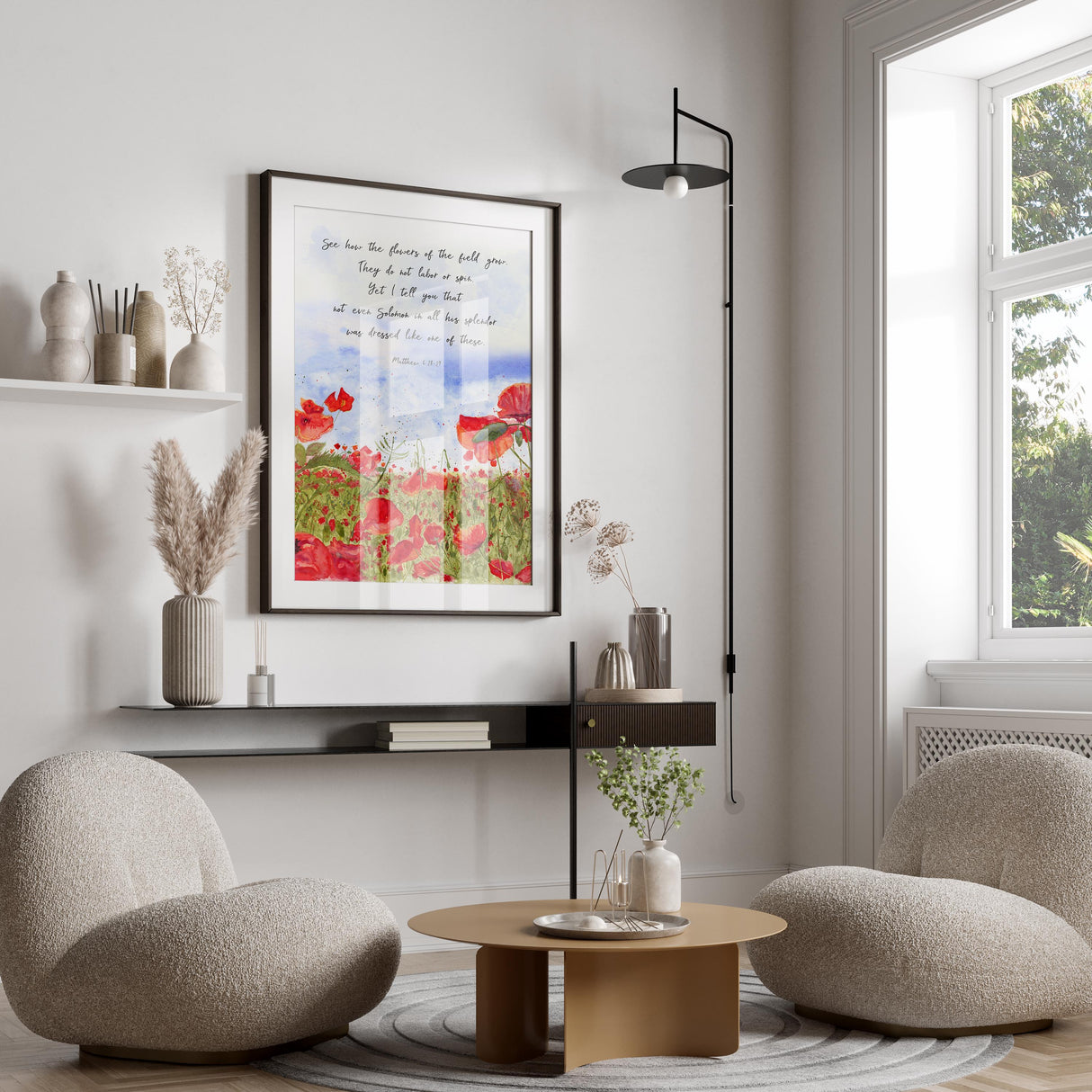 See How the Flowers of the Field Grow Art Print, Christian Home Decor with Poppy Field Painting, Poppy Field Bible Quote Print