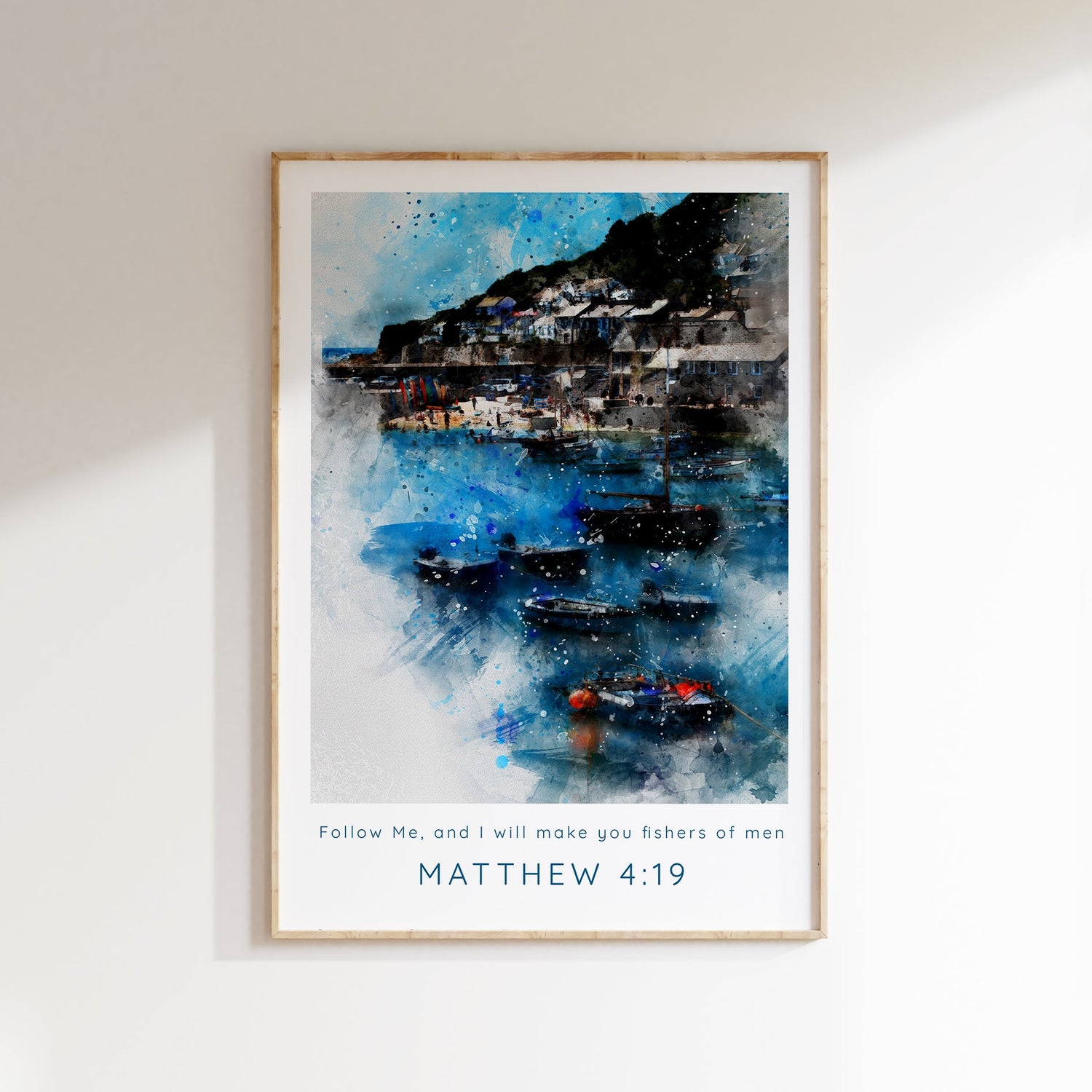 Watercolour fishing village print with Matthew 4:19 quote, Modern Christian art featuring 'Follow Me' Bible verse