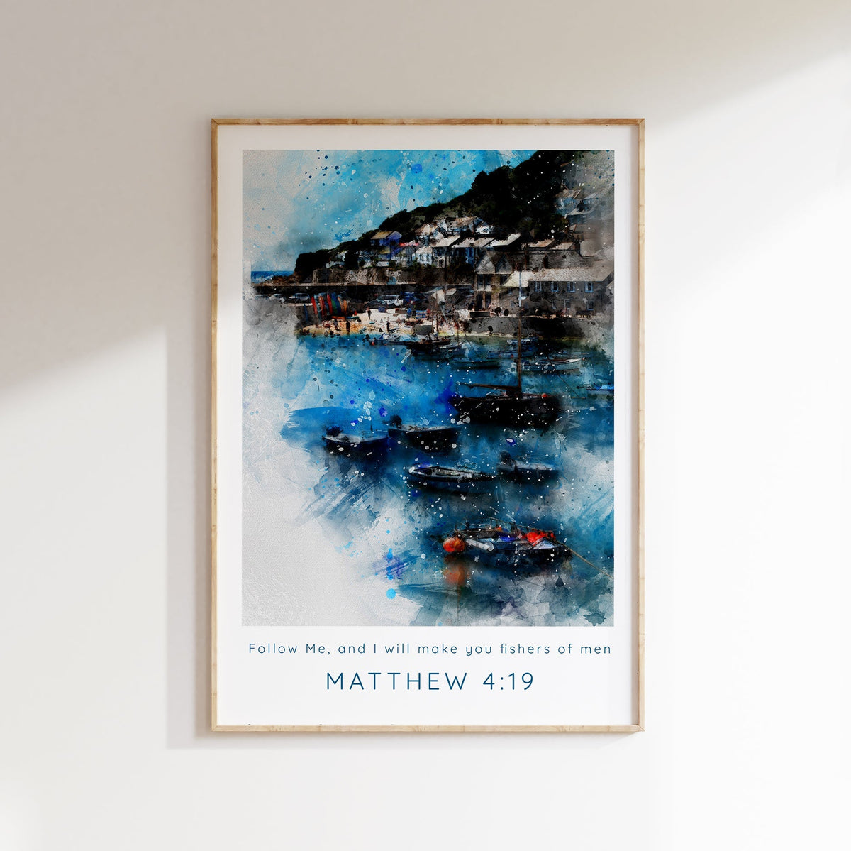 Watercolour fishing village print with Matthew 4:19 quote, Modern Christian art featuring 'Follow Me' Bible verse