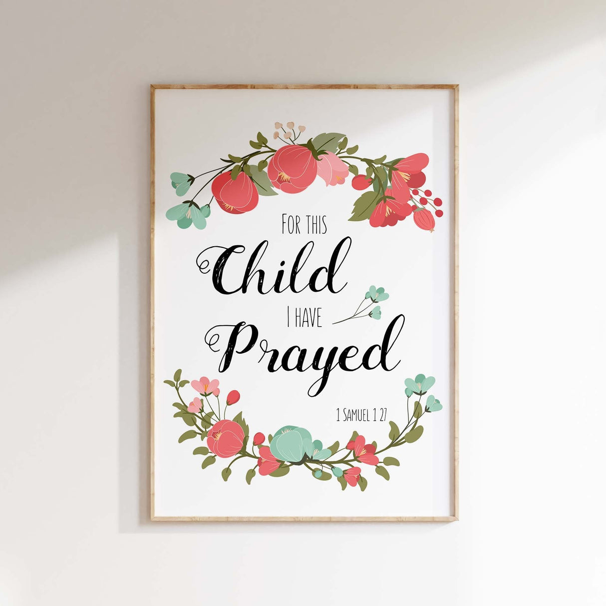 Coral and Turquoise Flower Wreath Wall Art, Nursery Decor with 'For this child I prayed', Biblical Quote Art with Floral Wreaths