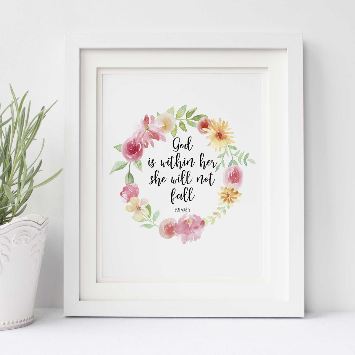 God is Within Her Wall Art Quote Print, Psalm 46 5 Printable Version, God's presence in a pretty floral print