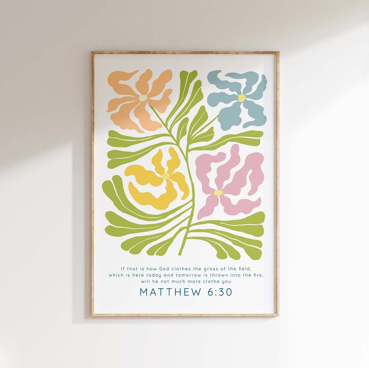 Contemporary Christian wall art with Matthew 6:30 verse, Modern faith art with floral Matisse design and Scripture