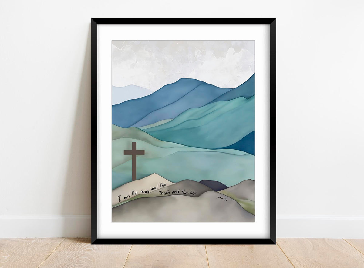 Bible verse art: 'I am the way and the truth and the life', Tranquil home decor with John 14:6 blue-grey mountain scene