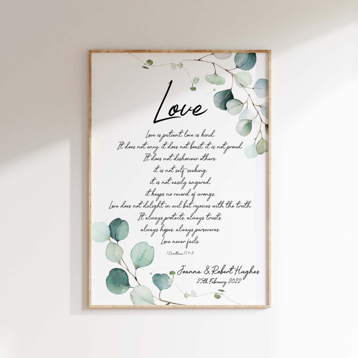 Unique Bible verse gift, NIV Bible quote in botanical style, love-themed wall decor