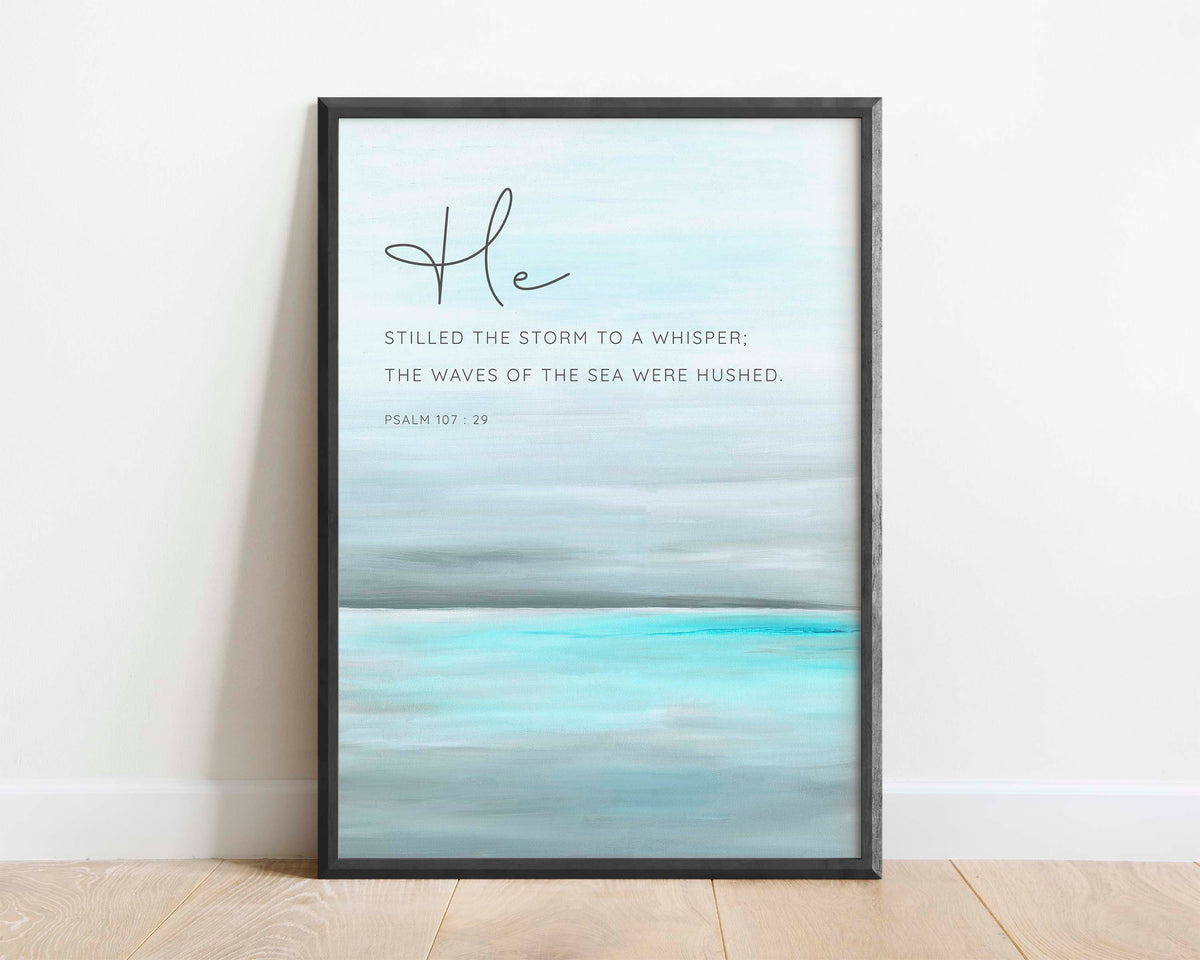 Psalm 107:29 - Bible verse art featuring serene ocean layers and waves hushed modern design.