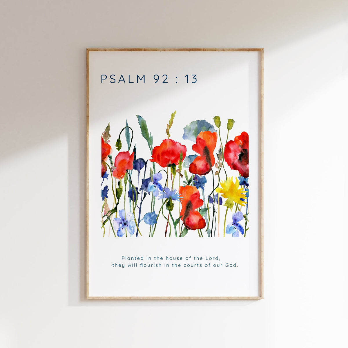 Spiritual decor with Bible verse Psalm 92:13, Encouraging Bible verse print with wildflowers, Flourishing in God's courts watercolour