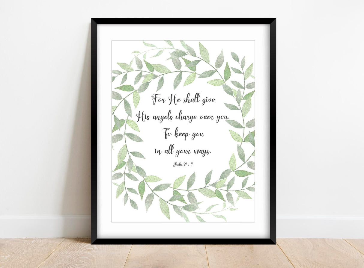Inspirational Psalm 91 Quote Art with Leaf Wreath, Divine Protection in All Your Ways - Psalm 91:11 Print