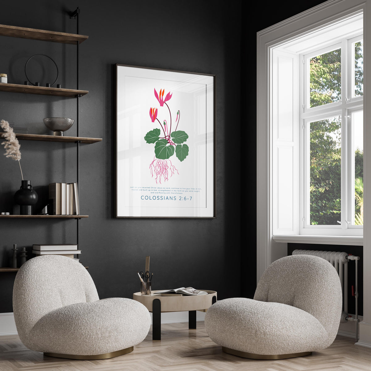 "Colossians 2:6-7 Wall Art," Floral print with Bible quote, "Just as you received Christ Jesus as Lord," Christian decor