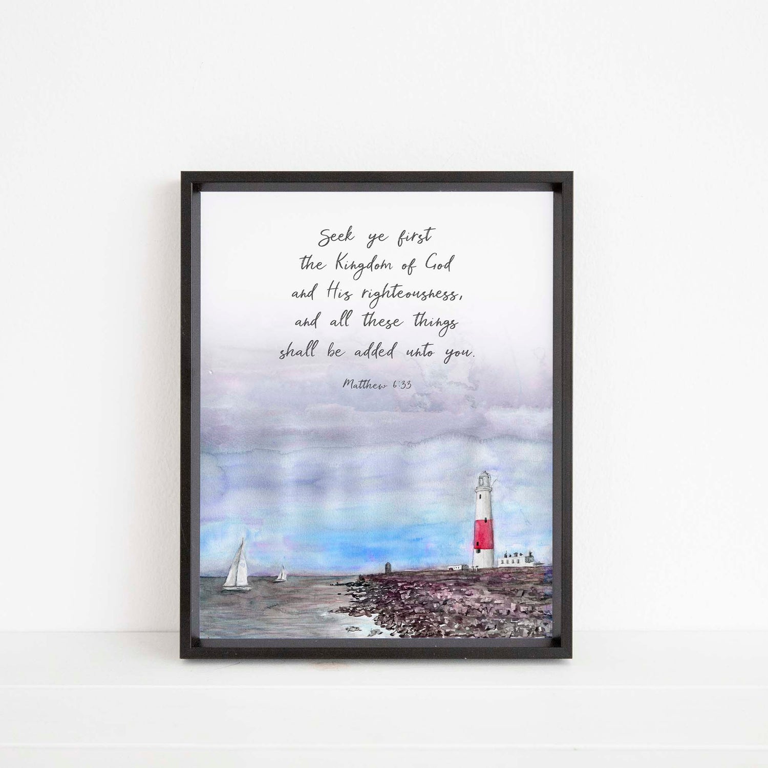 Seek Ye First The Kingdom of God Wall Art, Matthew 6 33 Picture, Lighthouse Print, Scripture Watercolor Painting