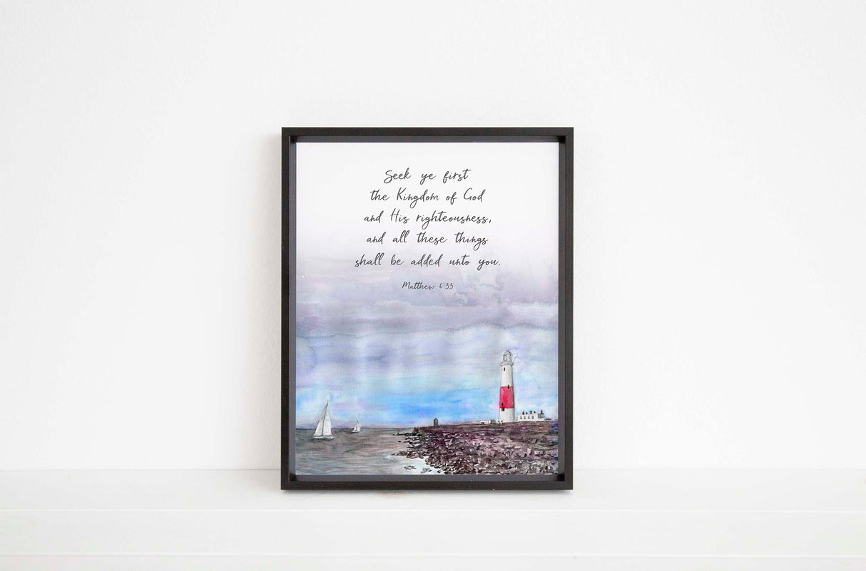 Seek Ye First The Kingdom of God Wall Art, Matthew 6 33 Picture, Lighthouse Print, Scripture Watercolor Painting