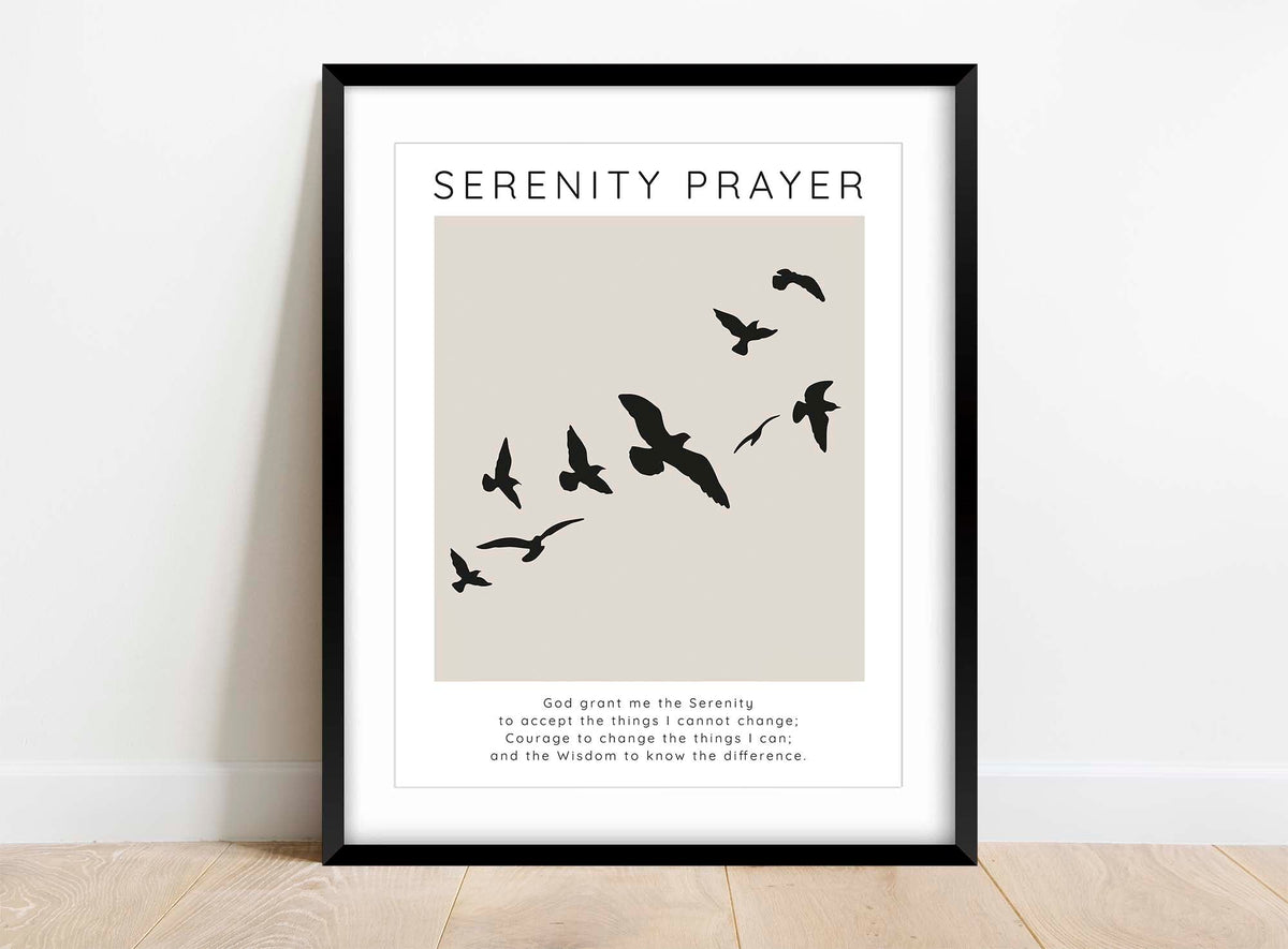 Beige Serene Prayer Wall Hanging, Serenity Prayer Typography Art, Neutral Theme Serenity Prayer Artwork, Birds and Beige Serenity Quote
