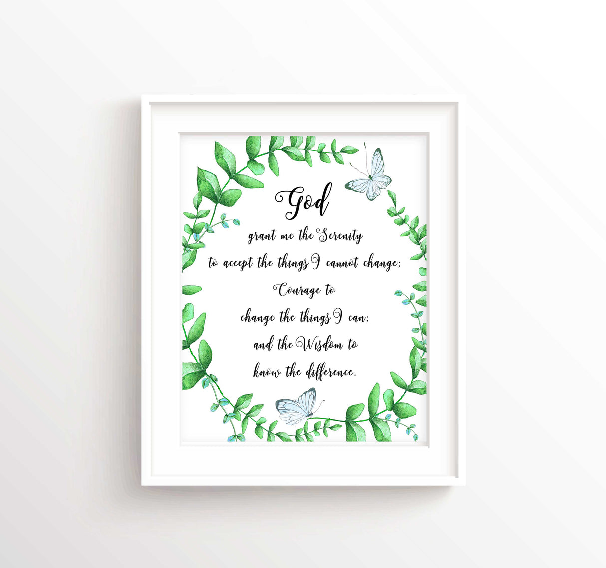 White Background Serenity Prayer Print surrounded by leaf wreath and blue butterflies Serenity prayer quote art for home office decoration