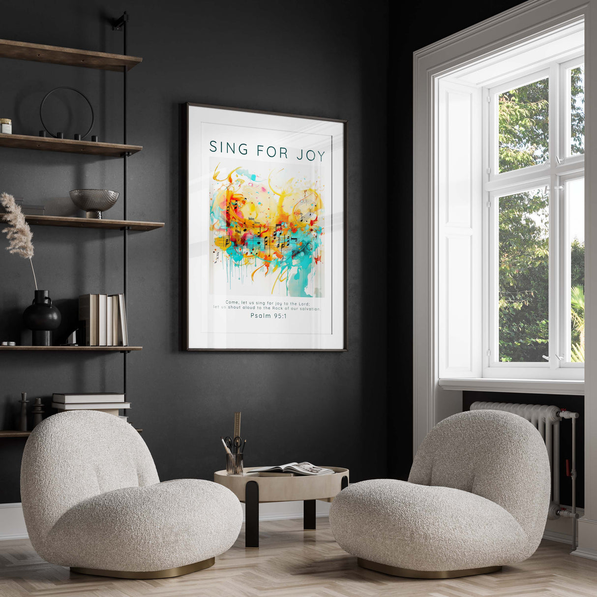 Sing for Joy music-themed wall art for contemporary homes, Psalm 95 abstract music motif wall print, music-themed Psalm 95:1 wall art