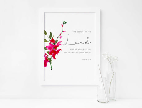 Psalm 37 4 Biblical Wall Art, Take Delight in the Lord Print, Modern Christian Art Scripture Watercolor Gift, modern bible art