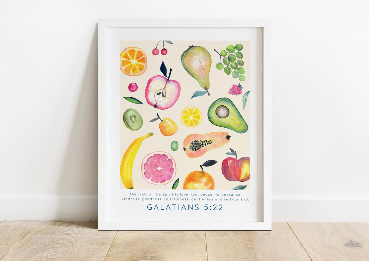 Modern Watercolour Christian Quotes Art, Galatians 5:22 Watercolour Bible Quote Print, Nature-Inspired Fruit Themed Scripture Art