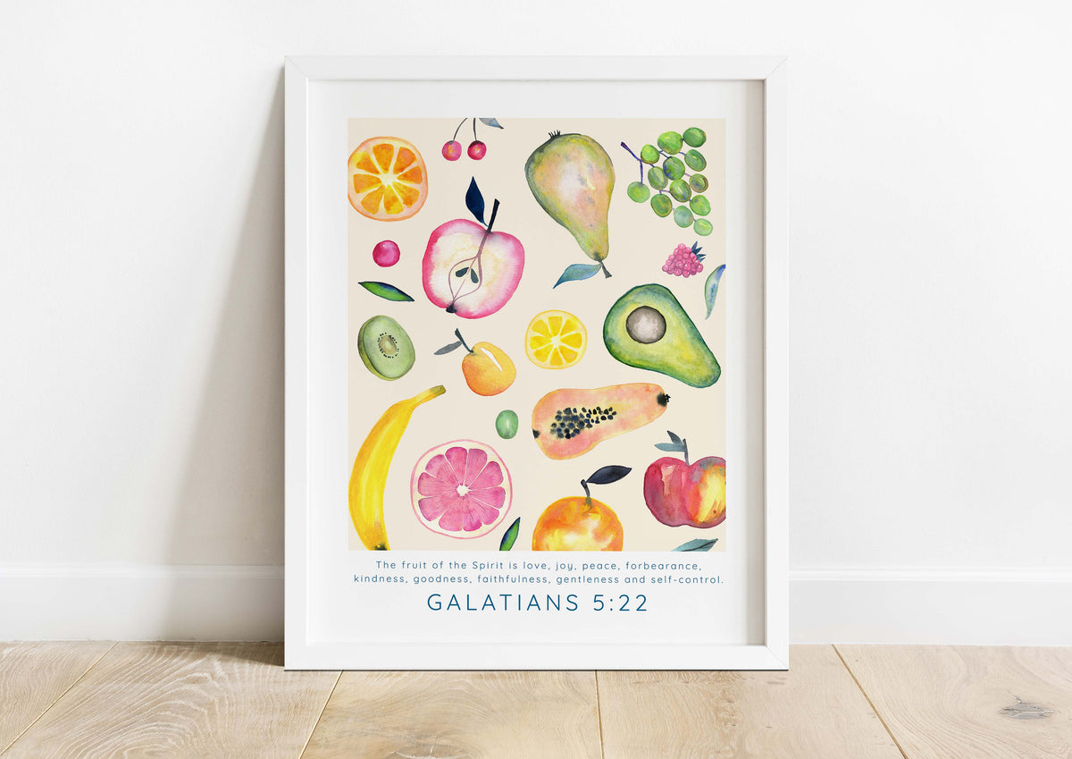 Modern Watercolour Christian Quotes Art, Galatians 5:22 Watercolour Bible Quote Print, Nature-Inspired Fruit Themed Scripture Art