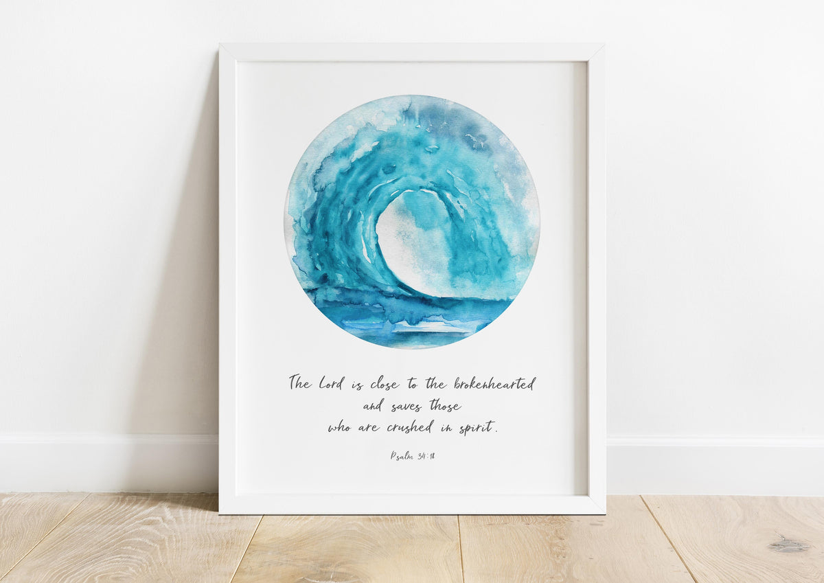 Watercolour turquoise wave Bible verse print, Psalm 34:18 wall art with comforting quote, 'The Lord is Close to the Brokenhearted'