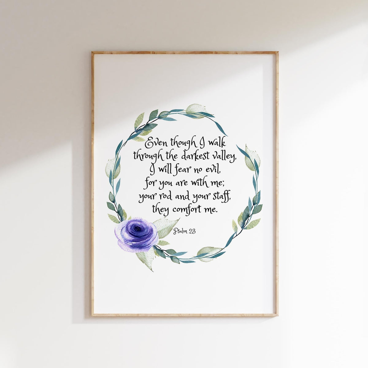 Psalm 23 Wall Art, Even Though I Walk Through The Valley Wall Art, Minimalist floral wreath Bible verse print Psalm 23:4