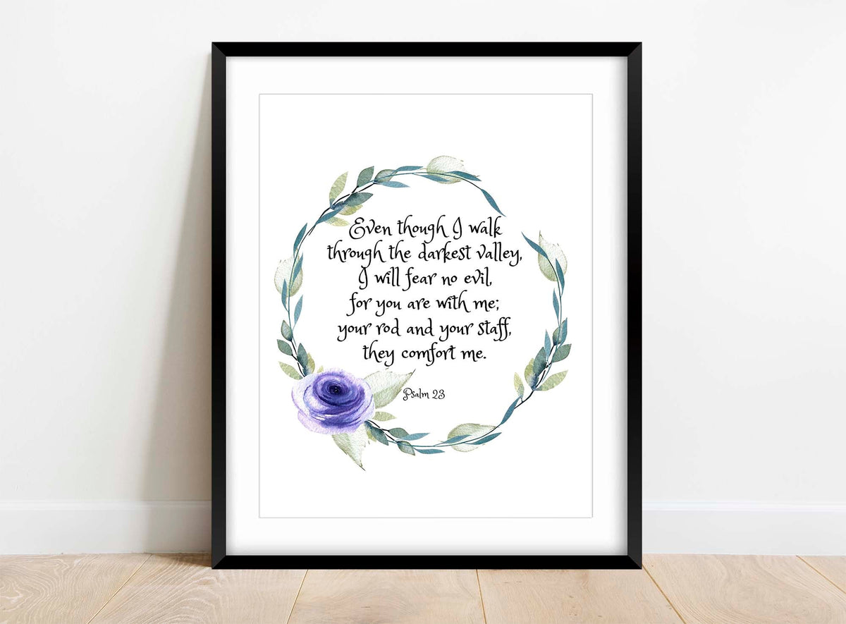 Elegant floral wall art with scripture Psalm 23:4, Delicate floral wreath decor for darkest valley verse