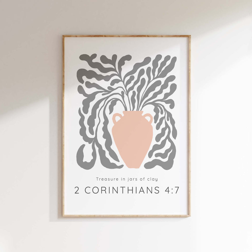 Grey vine scripture artwork, Inspirational verse in peach and grey, Spiritual decor with 2 Corinthians 4:7