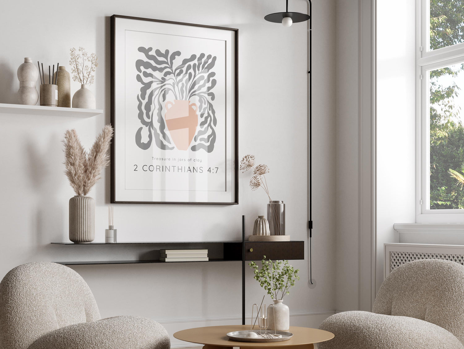 Pastel Bible Verse Art with Grey Leaves, Christian Home Decor 'Treasure in Jars of Clay', Faith-Inspired Wall Print 2 Corinthians 4:7
