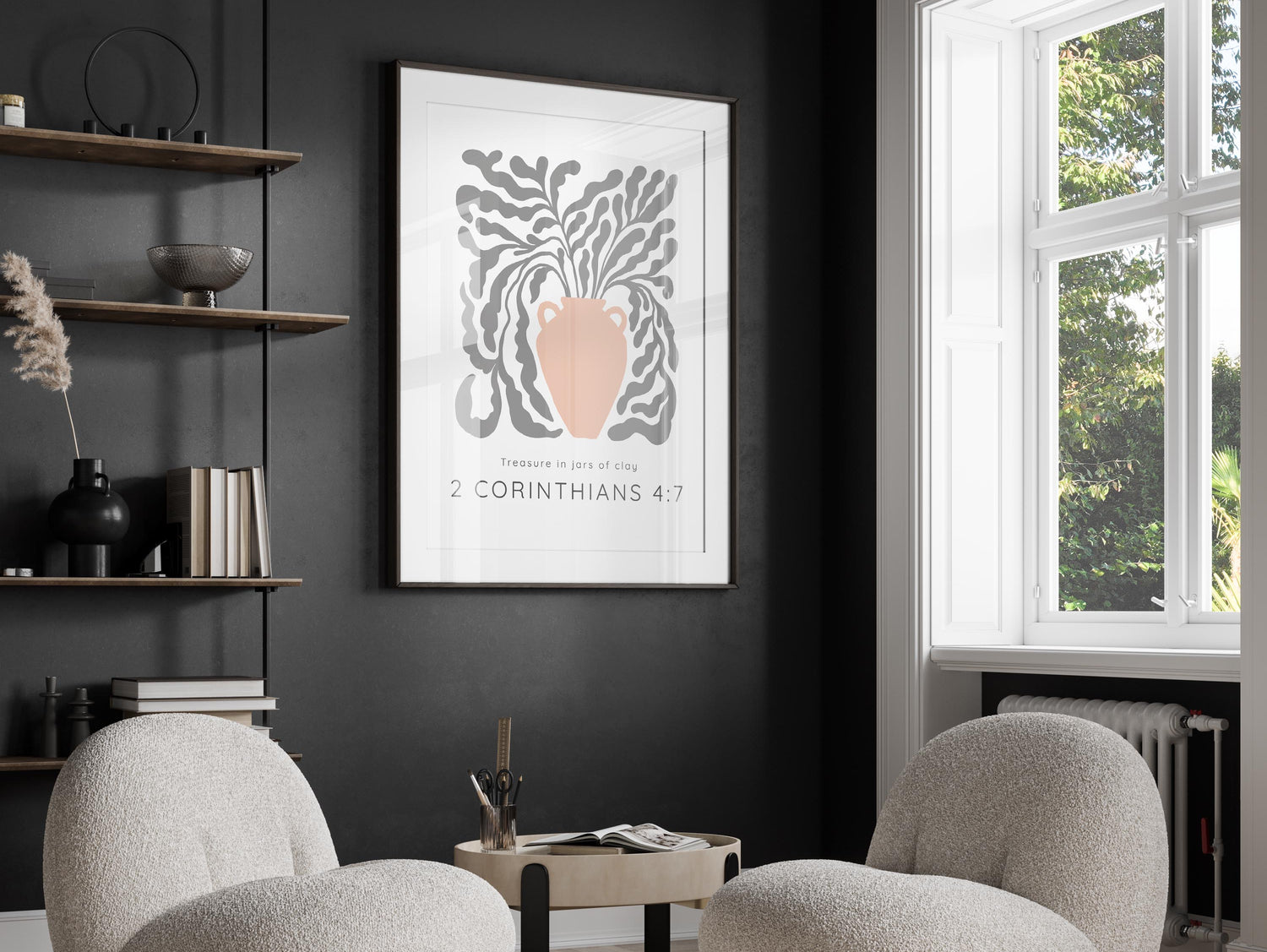 Graceful Pastel Pot with Scripture Print, Inspirational Grey and Peach Wall Art, Religious Quote Decor for Spiritual Spaces