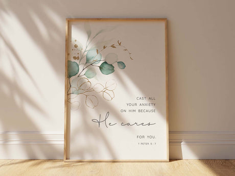 Cast All Your Anxiety On Him Print, 1 Peter 5 7 Wall Art Botanical, Botanical leaf scripture art for home, botanical bible verse