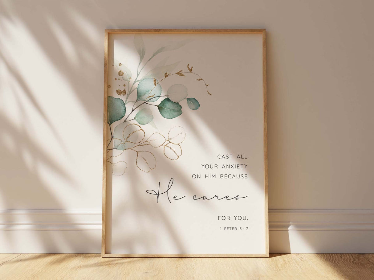 Cast All Your Anxiety On Him Print, 1 Peter 5 7 Wall Art Botanical, Botanical leaf scripture art for home, botanical bible verse