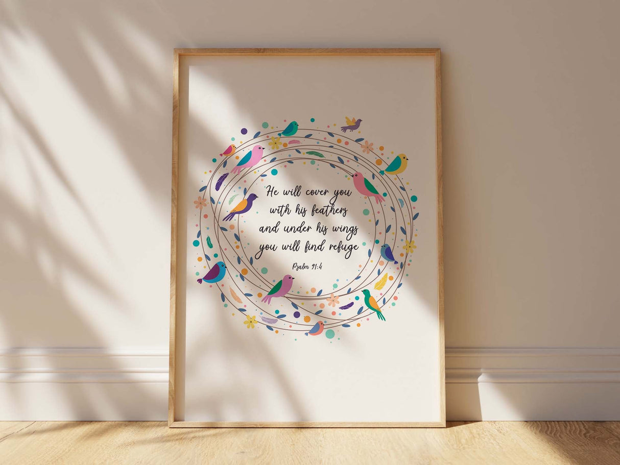 Birds and flowers Psalm 91 wall art for spiritual sanctuary, Encouraging feathers and wings Psalm 91 poster for daily reflection