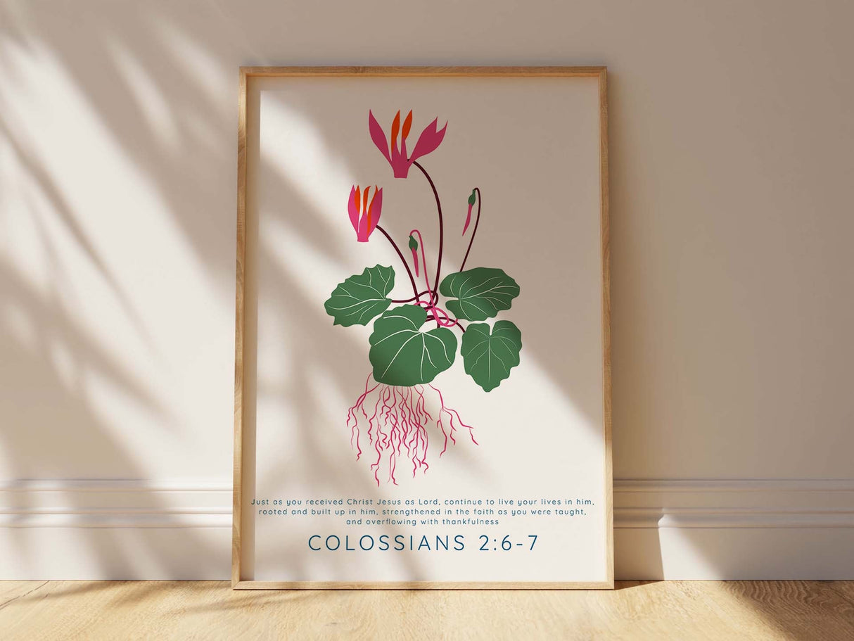 "Overflowing with thankfulness" art print, Biblical inspiration, Faith-focused home decor, Rooted in Christ quote