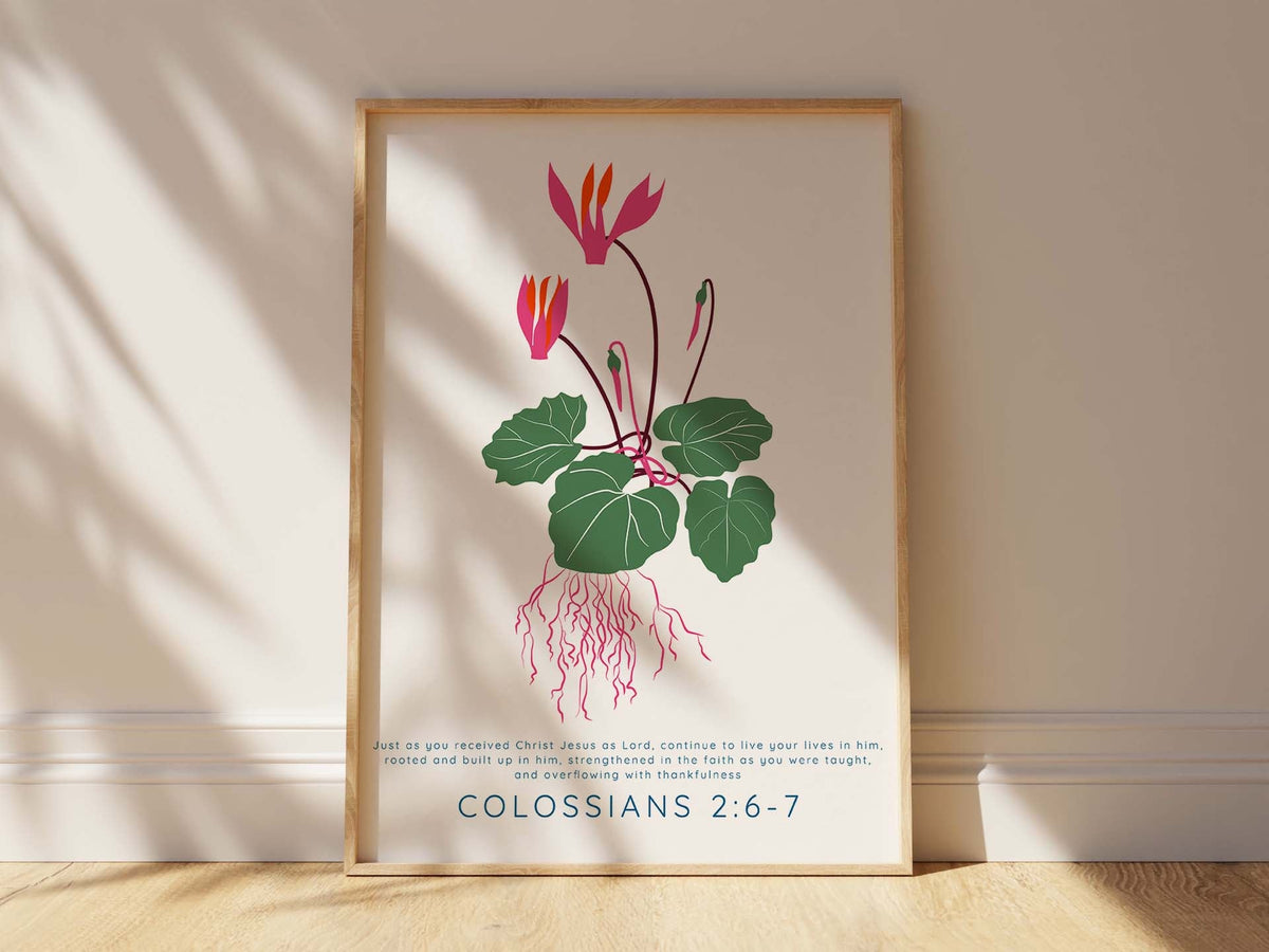 "Overflowing with thankfulness" art print, Biblical inspiration, Faith-focused home decor, Rooted in Christ quote