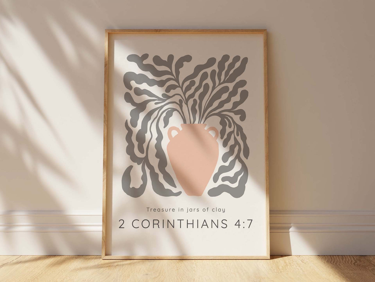 2 Corinthians 4:7 Verse in Peach and Grey, Biblical Quote Print with Vine and Pot Design, 2 Corinthians 4:7 Pastel Peach Pot Print