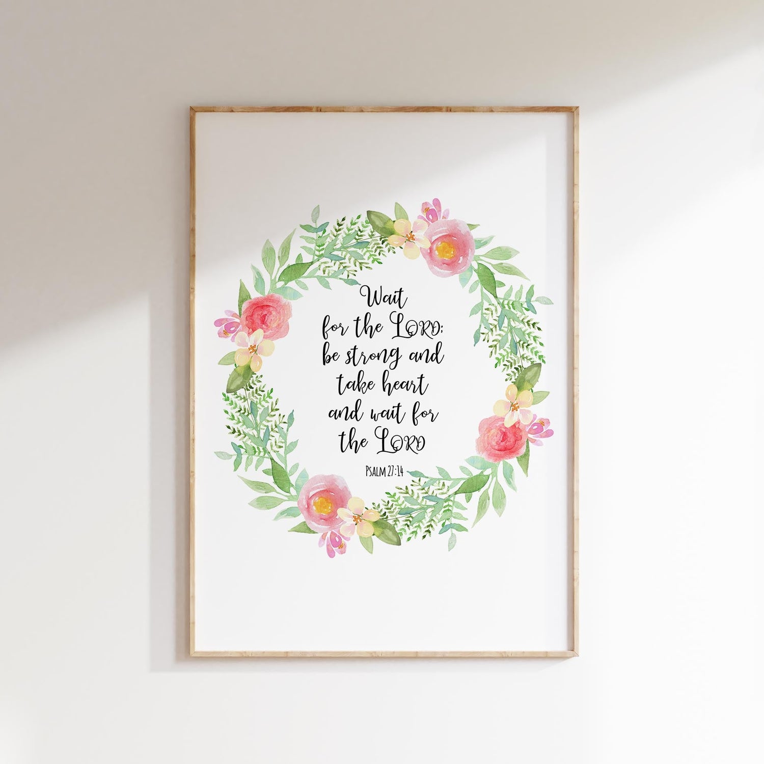 Wait for the Lord Christian Wall Art Print Psalm 27 Floral Scripture, Inspirational Psalm 27:14 Quote