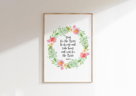Wait for the Lord Christian Wall Art Print Psalm 27 Floral Scripture, Inspirational Psalm 27:14 Quote