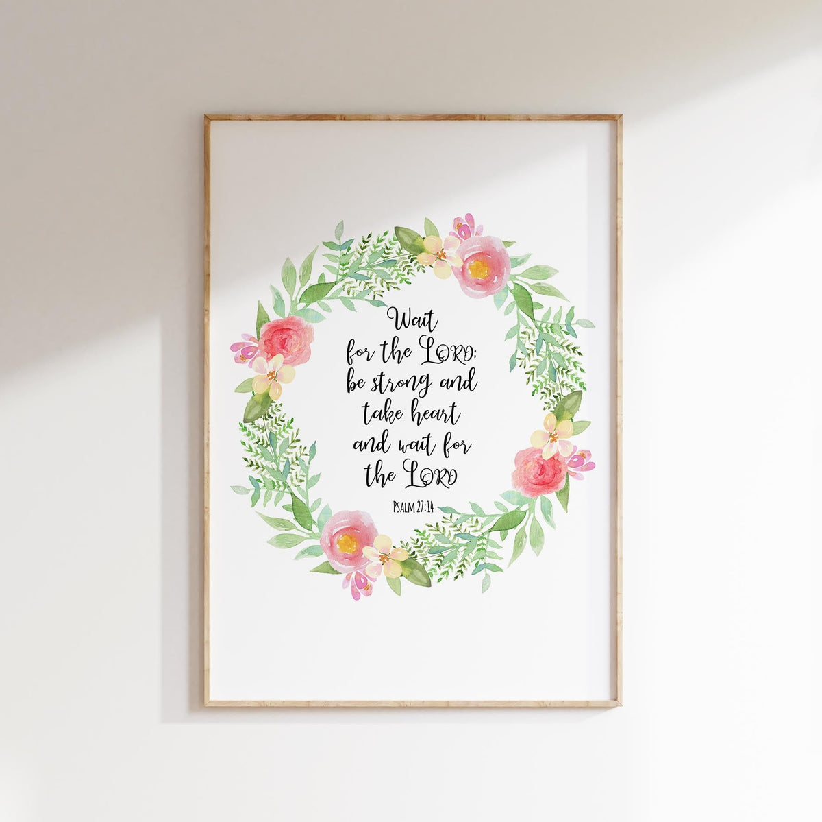 Wait for the Lord Christian Wall Art Print Psalm 27 Floral Scripture, Inspirational Psalm 27:14 Quote