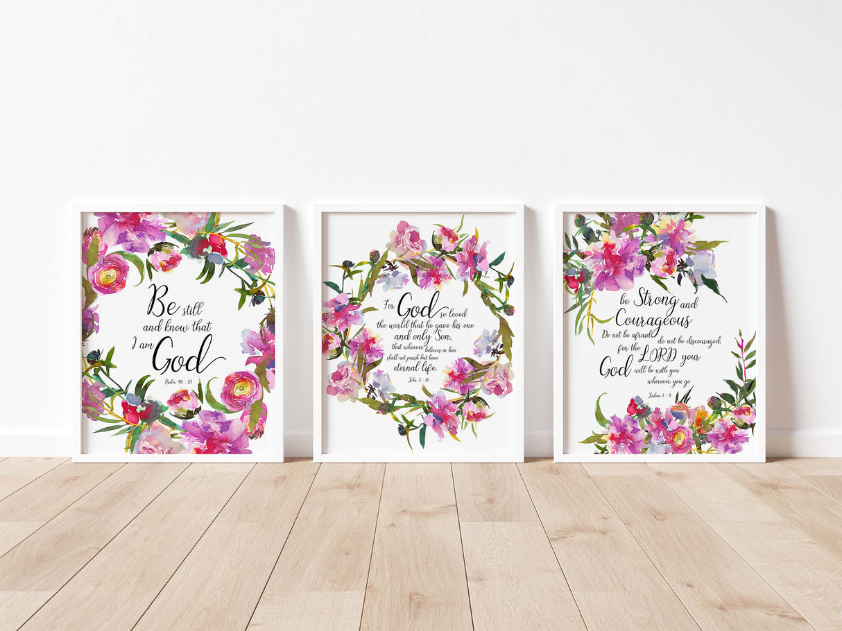 Floral Bible Verse Print Set, Pink Scripture Verses Gift For Christian, pink bible verses, Be still and know that I am God