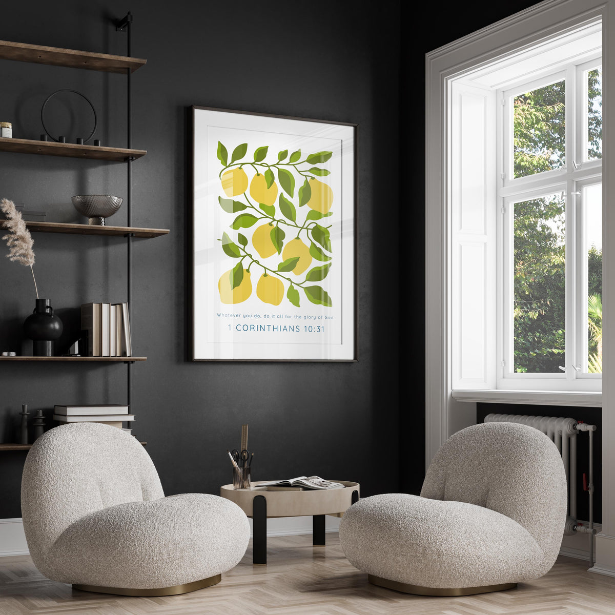 1 Corinthians 10 31 print with lemons and leaves, Christian wall art with 'Whatever you do, do it all for the glory of God'