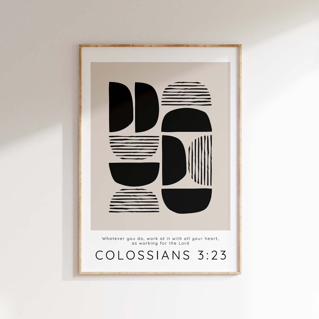 Transform Your Workspace with a Black and Tan Abstract Print Featuring Colossians 3:23.