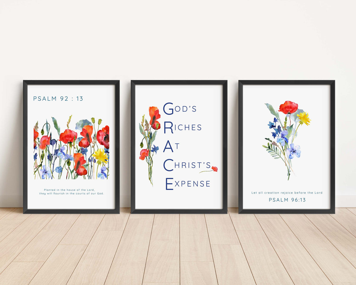 Wildflower Bible Verse Quotes, Floral Modern Scripture Wall Art, Wildflower scripture prints Psalm 92:13, Poppy and cornflower scripture