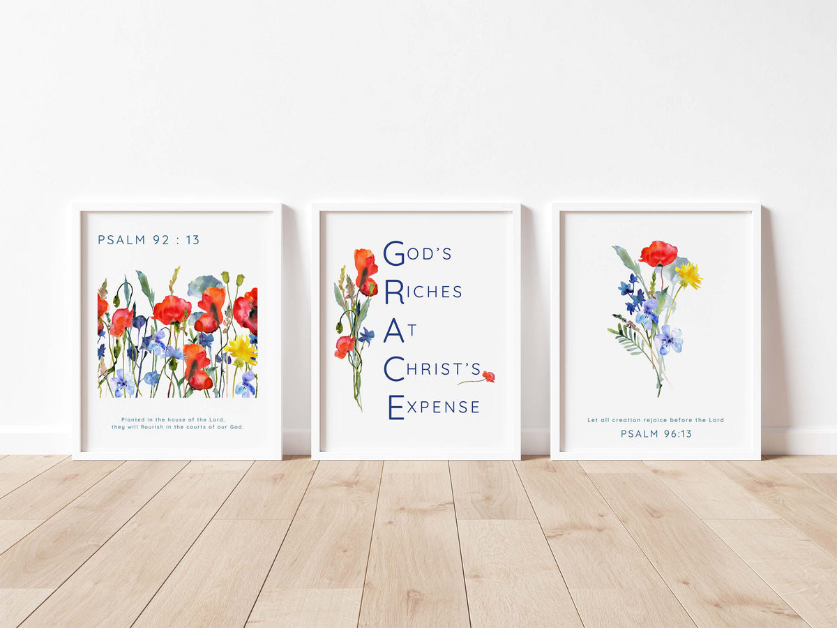 Contemporary wildflower verse wall decor, Christian acronym GRACE floral prints, Psalm 96:13 wildflower praise artwork