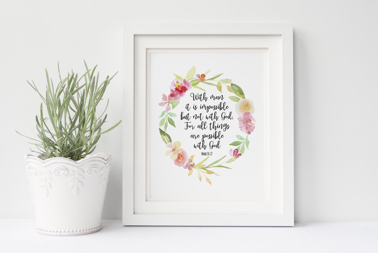 With Man It is Impossible Print, Mark 10 27 Wall Art Poster Prints, Crafty Cow Design Christian Art Prints