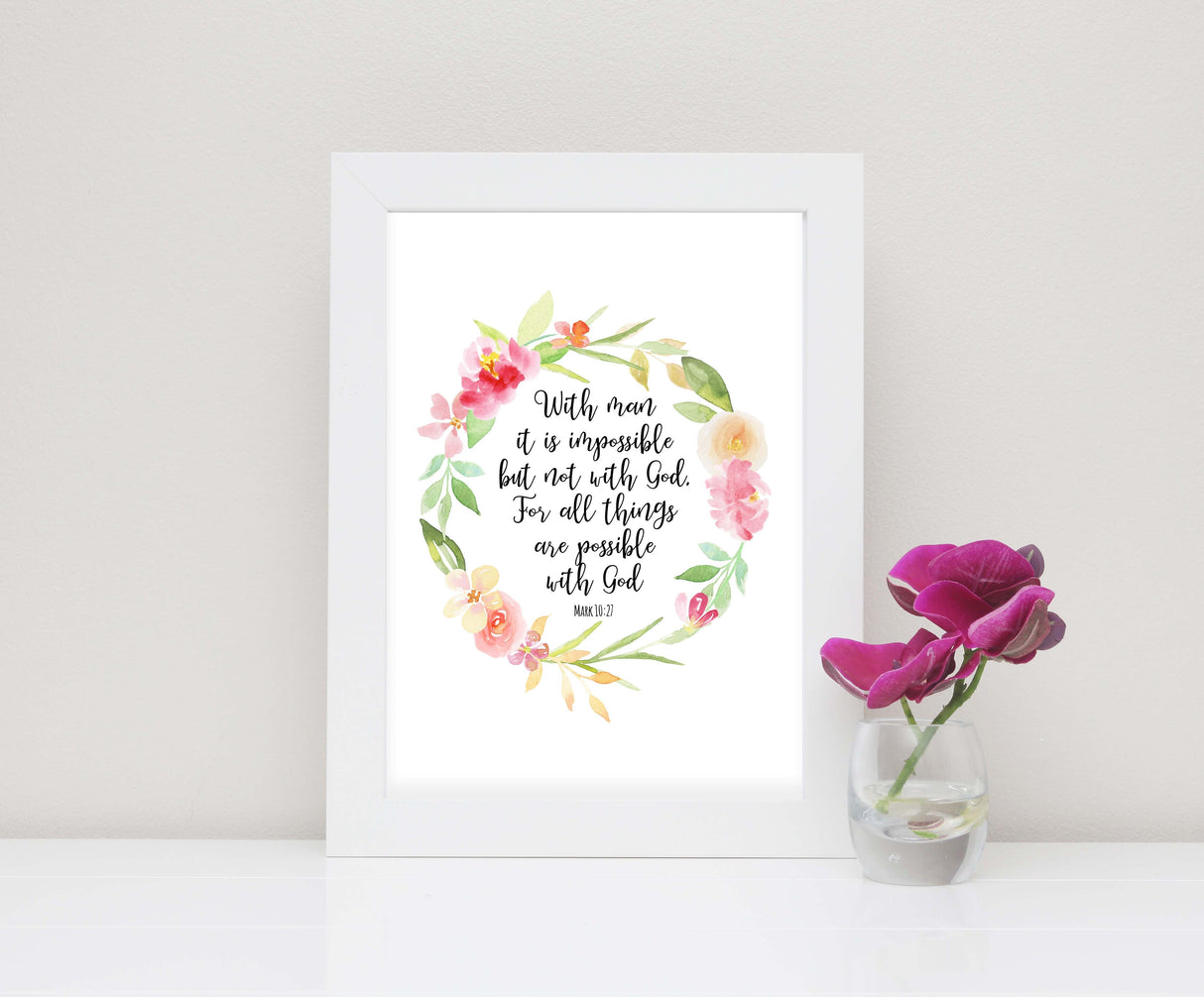 With God all things are possible wall art print, Christian Bible Verse Posters, Wall Art for Christians