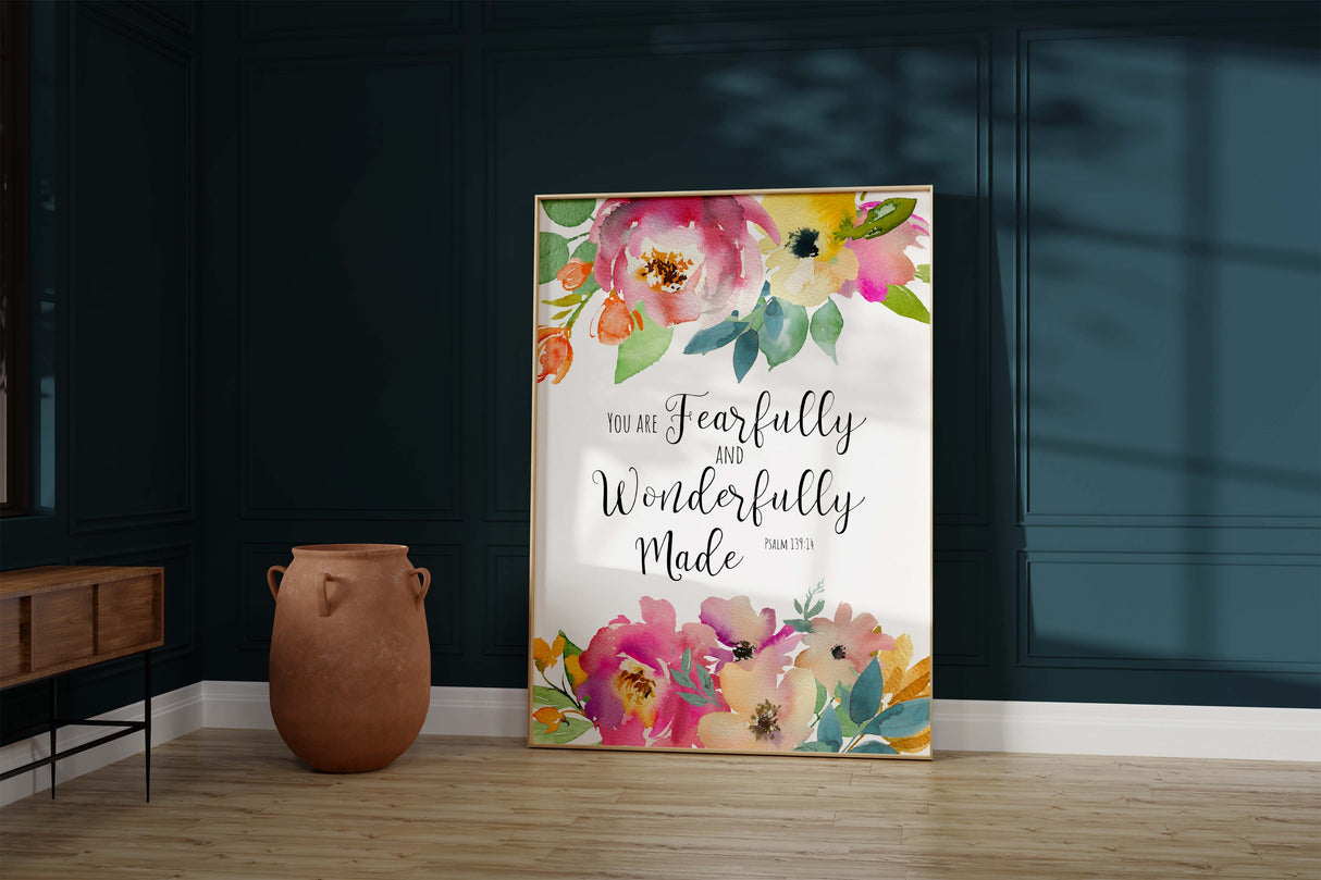 Psalm 139 Floral Bible Verse, Girls Bedroom Wall Art Prints, Elegant Psalm 139:14 scripture wall decor, Unique Christian gift