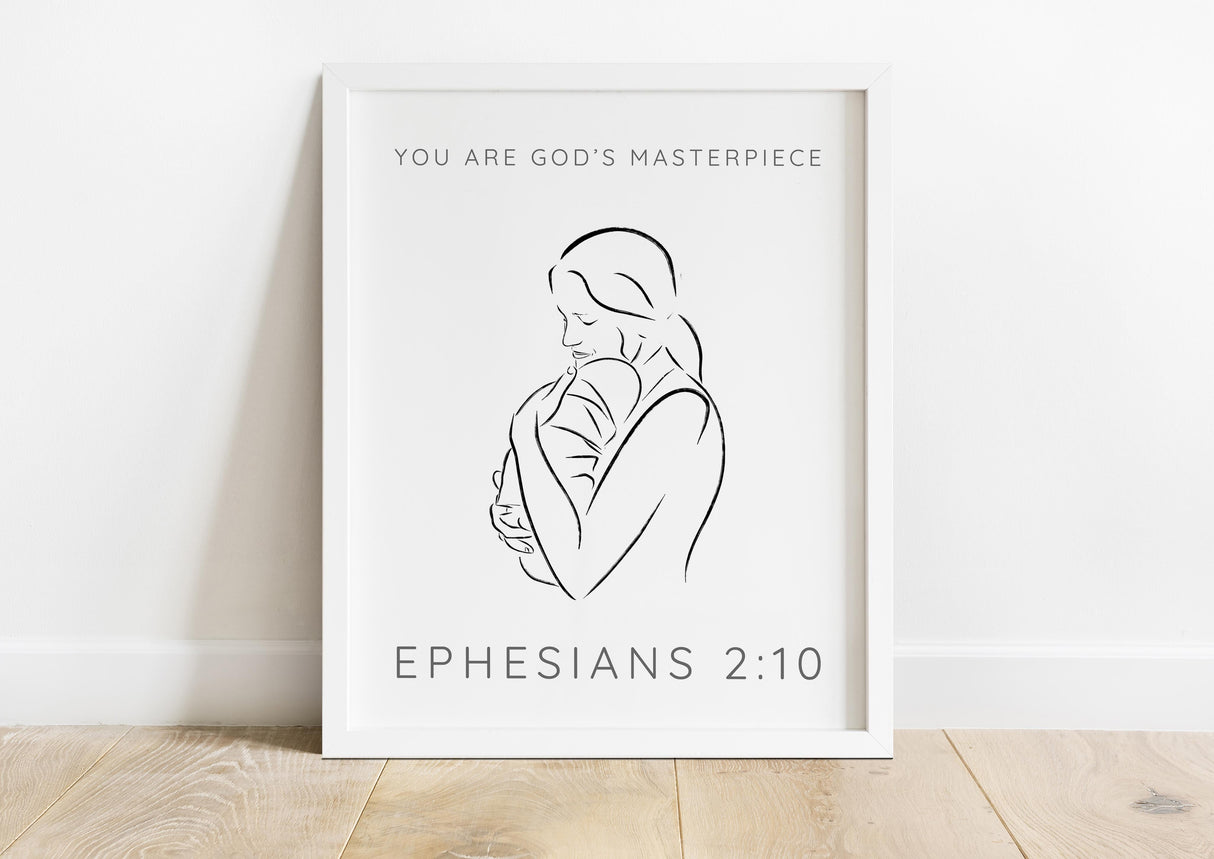 Biblical print affirming the worth of every individual, Mother and baby line drawing print with Ephesians 2:10 verse