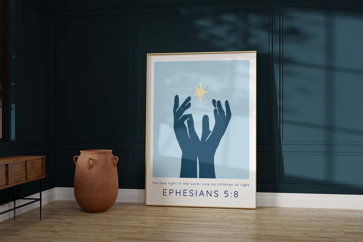 bible verse print with uplifting scripture about light, Hands reaching for light on light blue background print