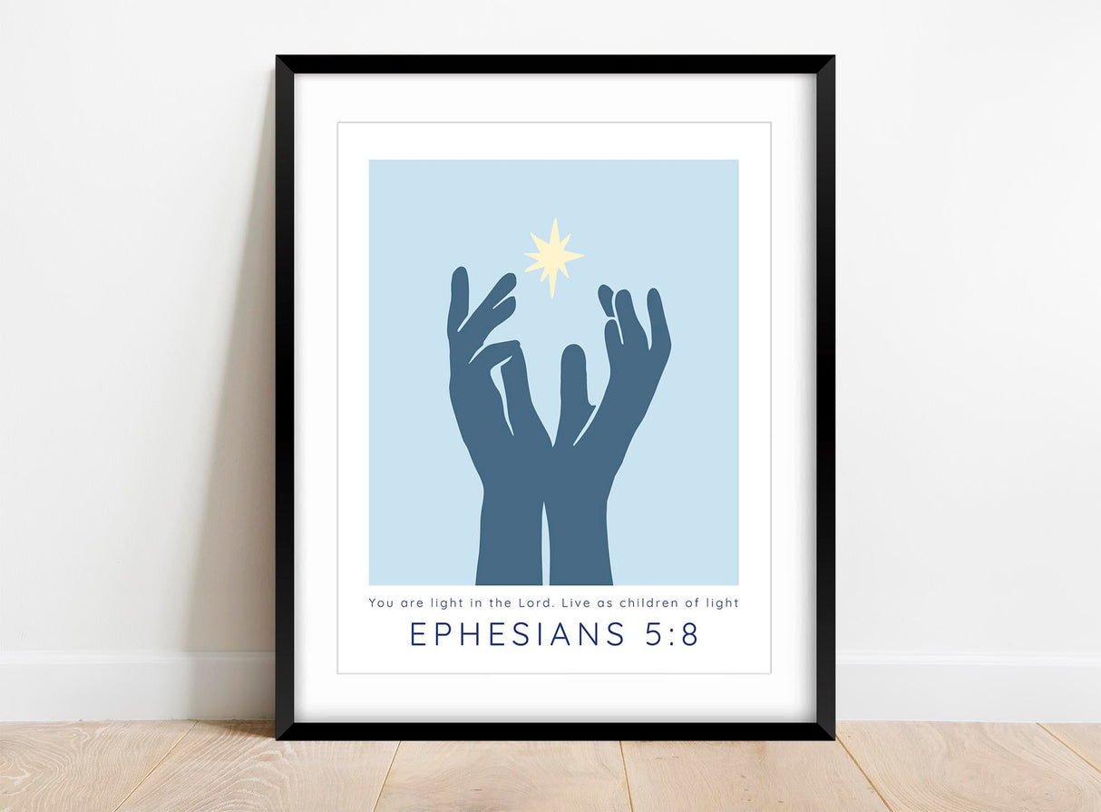 You are Light Christian Wall Art Print Ephesians 5 8 Bible Verse Art, Ephesians 5:8 Bible verse print with hands and light
