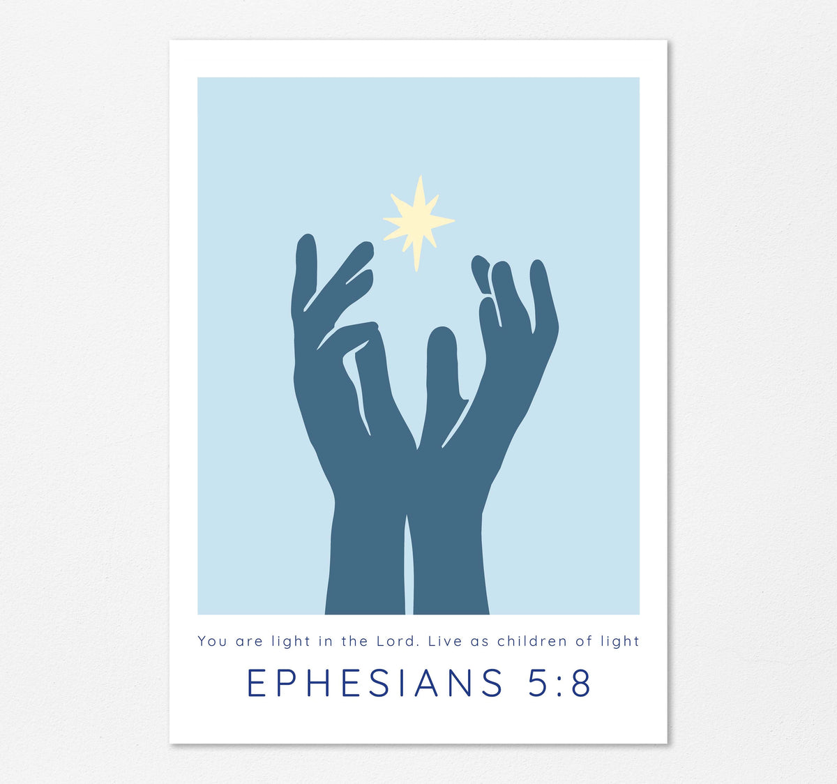 bible verse print with uplifting scripture about light, Hands reaching for light on light blue background print